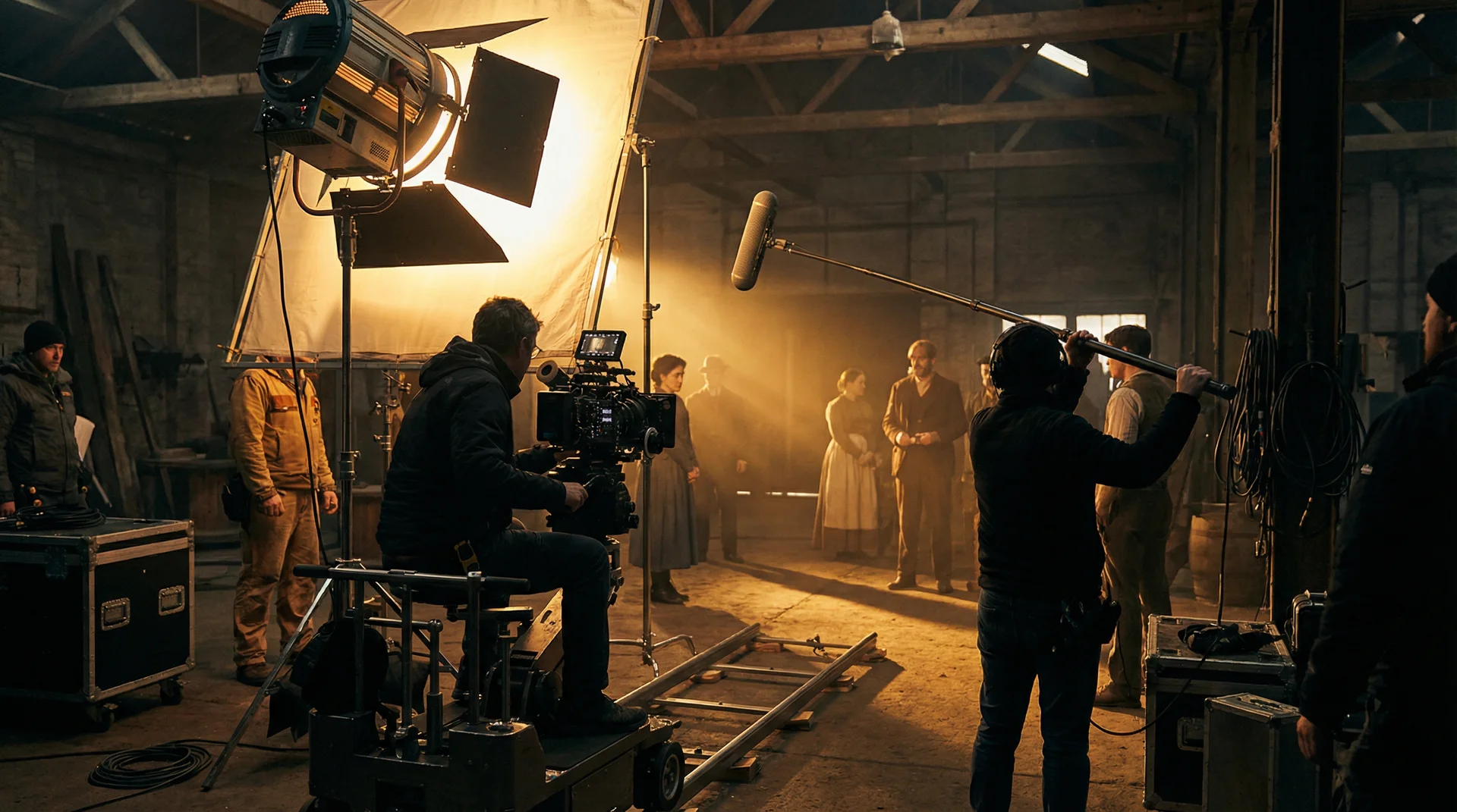 无限臀山 片场实拍，摄影团队在暖色灯光下紧张工作