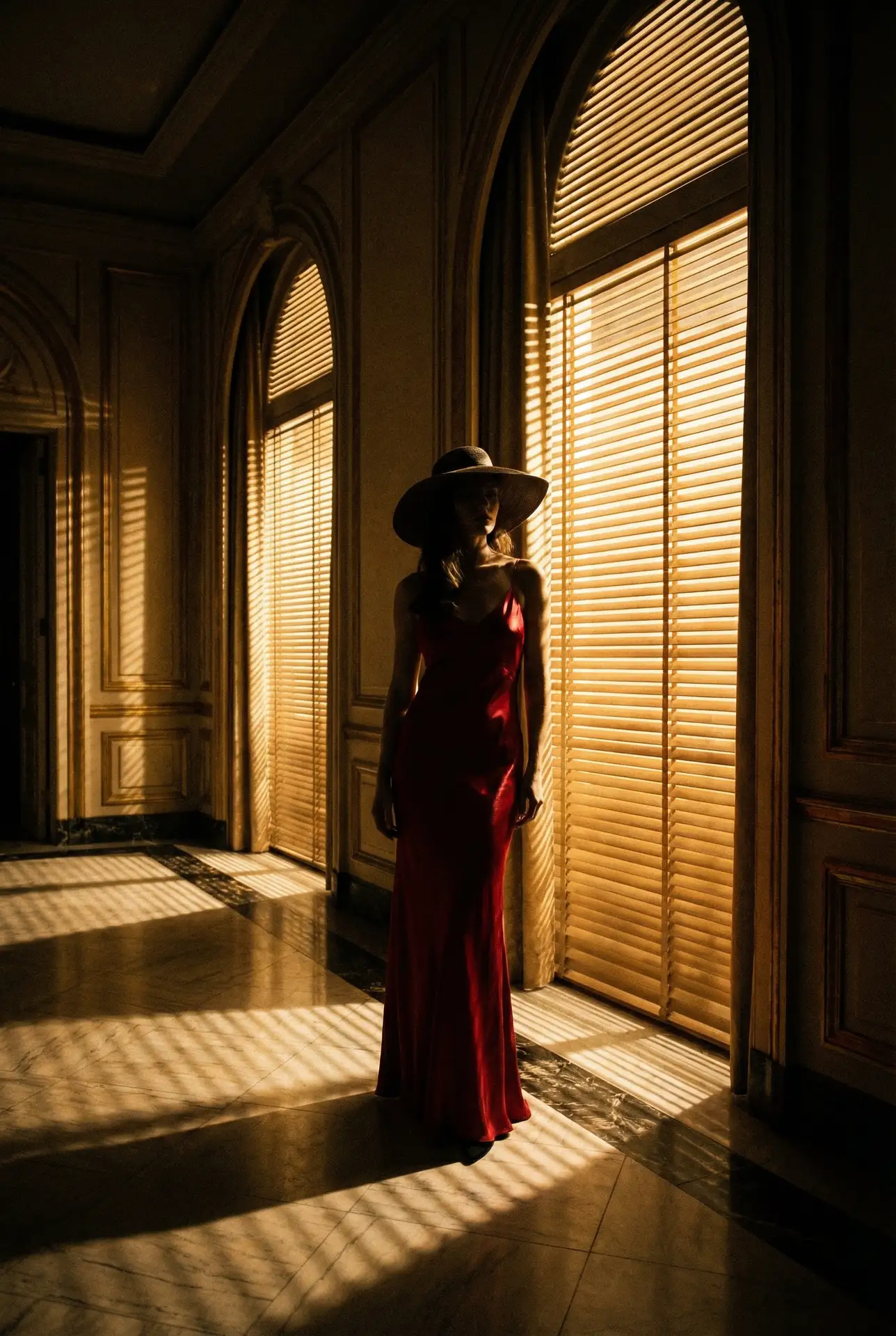 无限臀山 出品影片《绯色走廊》艺术海报，红裙女性身影