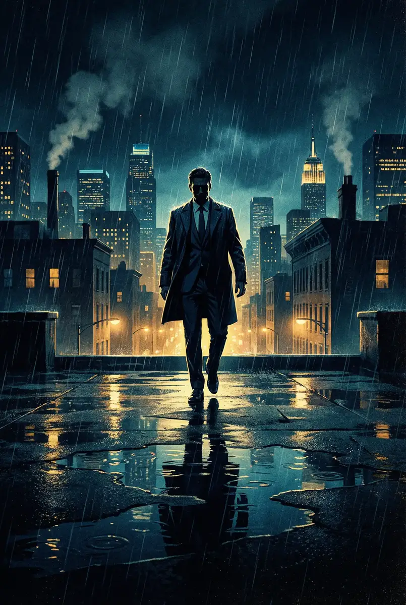 无限臀山 出品影片《雨夜独行者》海报，雨中城市屋顶男性剪影